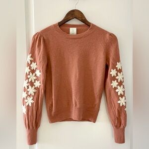 Joie Pink Cashmere Sweater with White Floral Embroidery